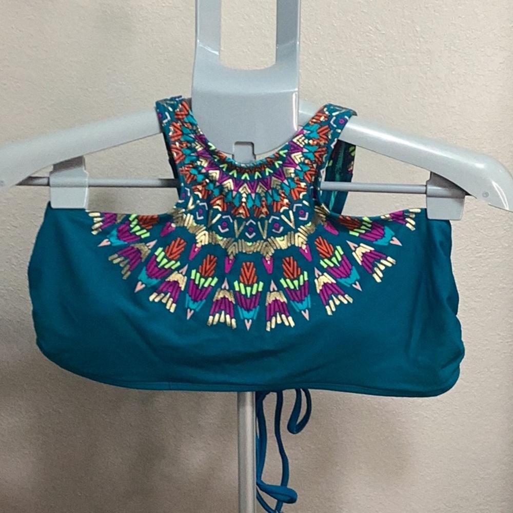 Xhilaration Teal‎ and Multicolor Embroidered Bikini Top